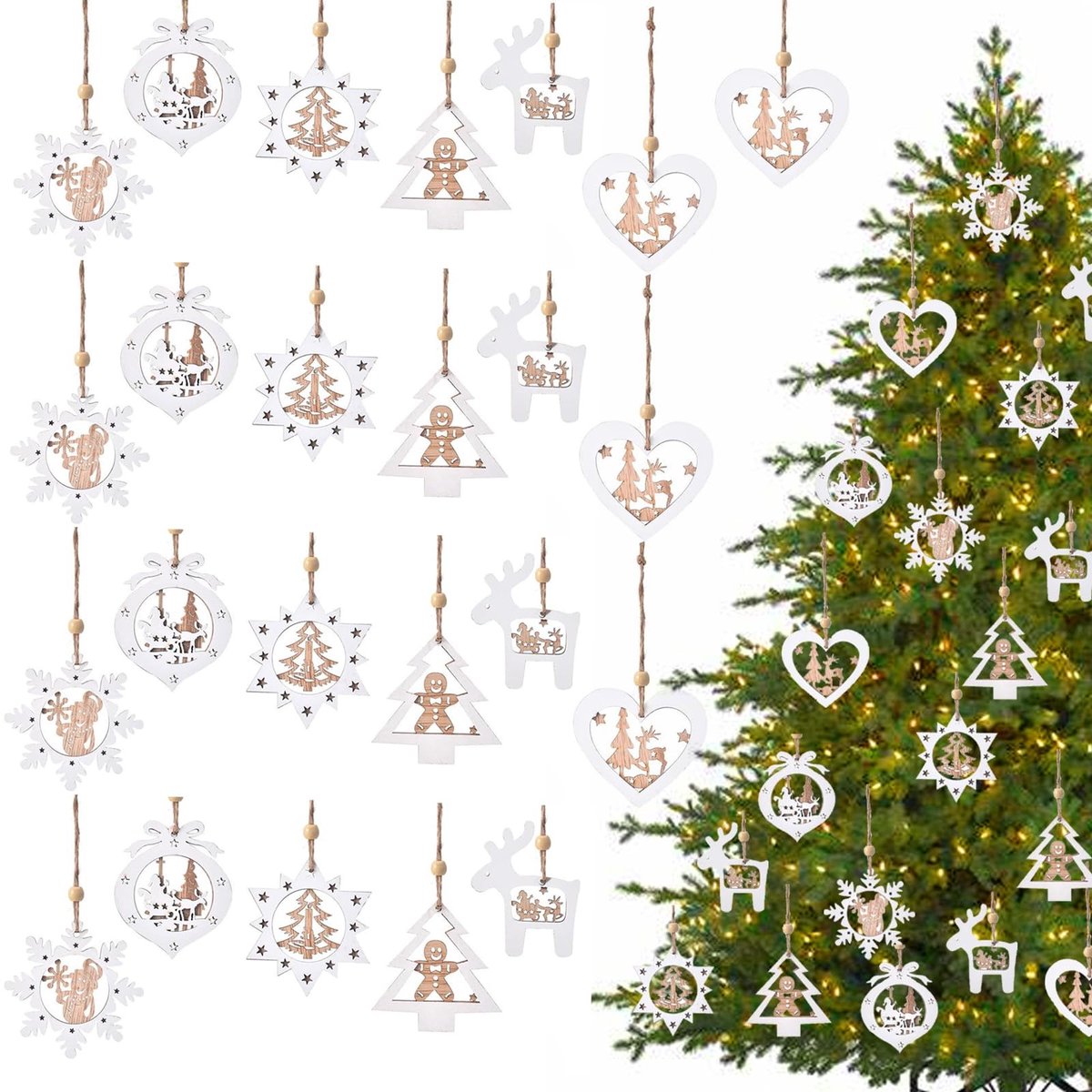 Dailygoods - Set van 24 Houten Kerstornamenten voor Feestdecoratie