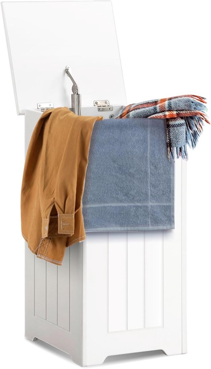 HOMASIS Wasmand met deksel, wasverzamelaar, houten wasmand, wasbak, wasbak, wasmand, wasmand, wassorteerder, badkamerkast voor badkamer, wit (zonder waszak)