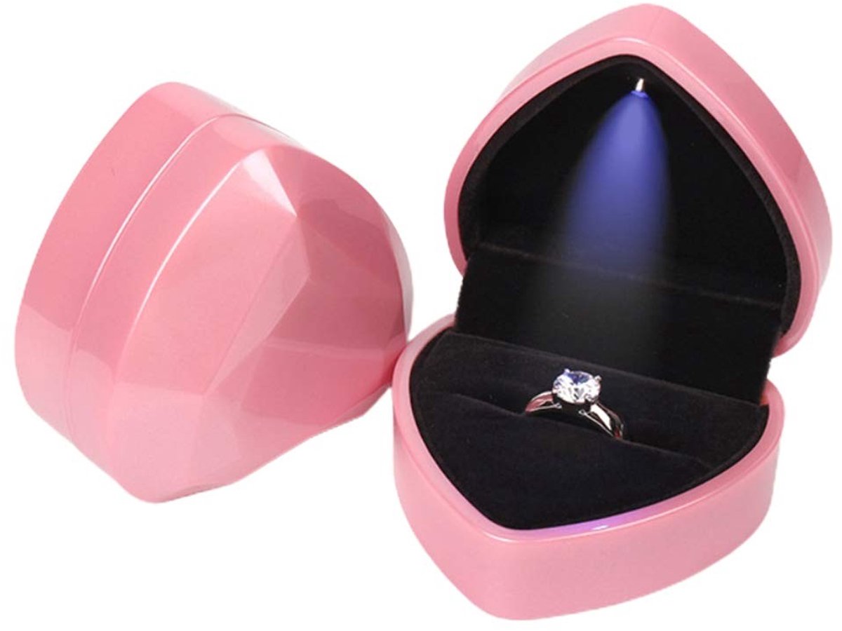 Dailygoods - Dailygoody - Hartvormige Ringdoos - LED-licht - Fluwelen Sieradendoos - Roze - Verlovingsringdoos - Geschenkdoos voor Bruiloft - Valentijnsdag