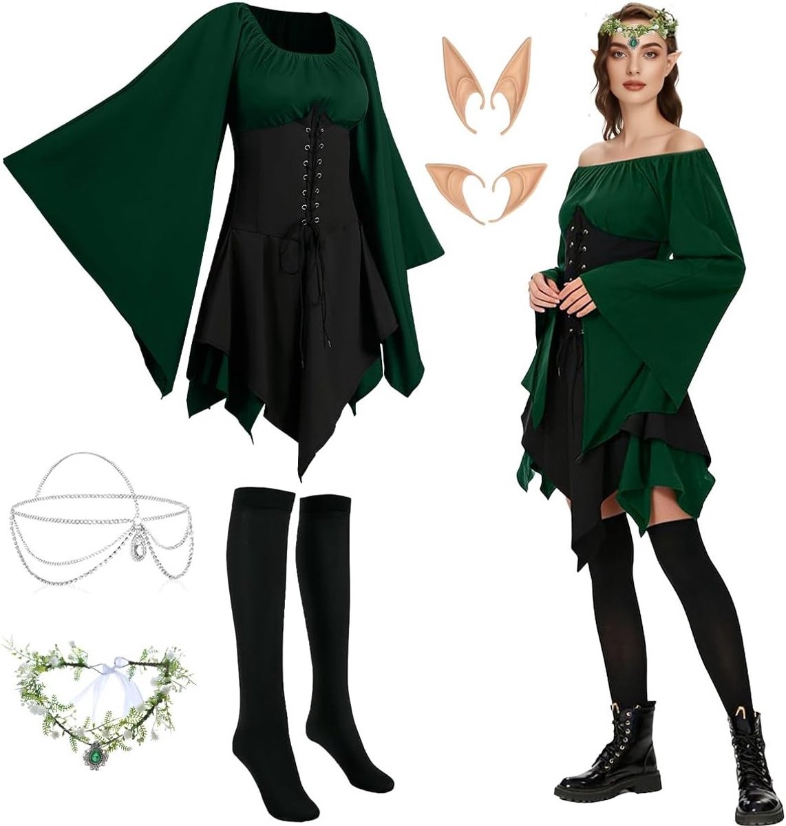 Traditionele Ierse Jurk voor Dames, Middeleeuwse en Goth Kostuums met Elf Oren, Haaraccessoires en Sokken voor Halloween en Carnaval