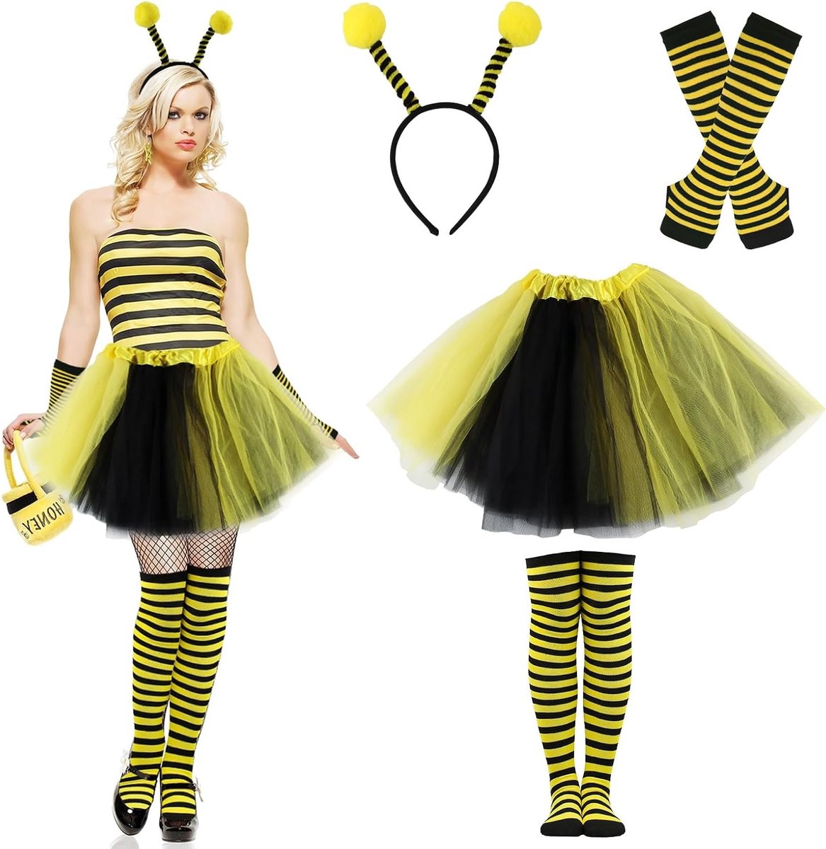 Vrouwelijk Bijen Kostuum voor Carnavalsfeest met Tutu Rok, Kousen, Gestreepte Handschoenen en Bijen Hoofdband voor Cosplay