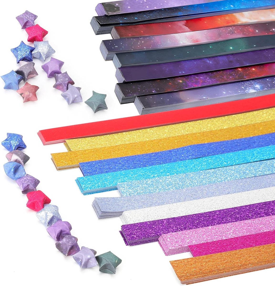 Papierstroken voor Origami met Sterren, 360 Glanzende Vellen in 18 Kleuren en 540 Vellen Sterrenhemel, Perfect voor DIY Knutselprojecten en Gelukssterretjes