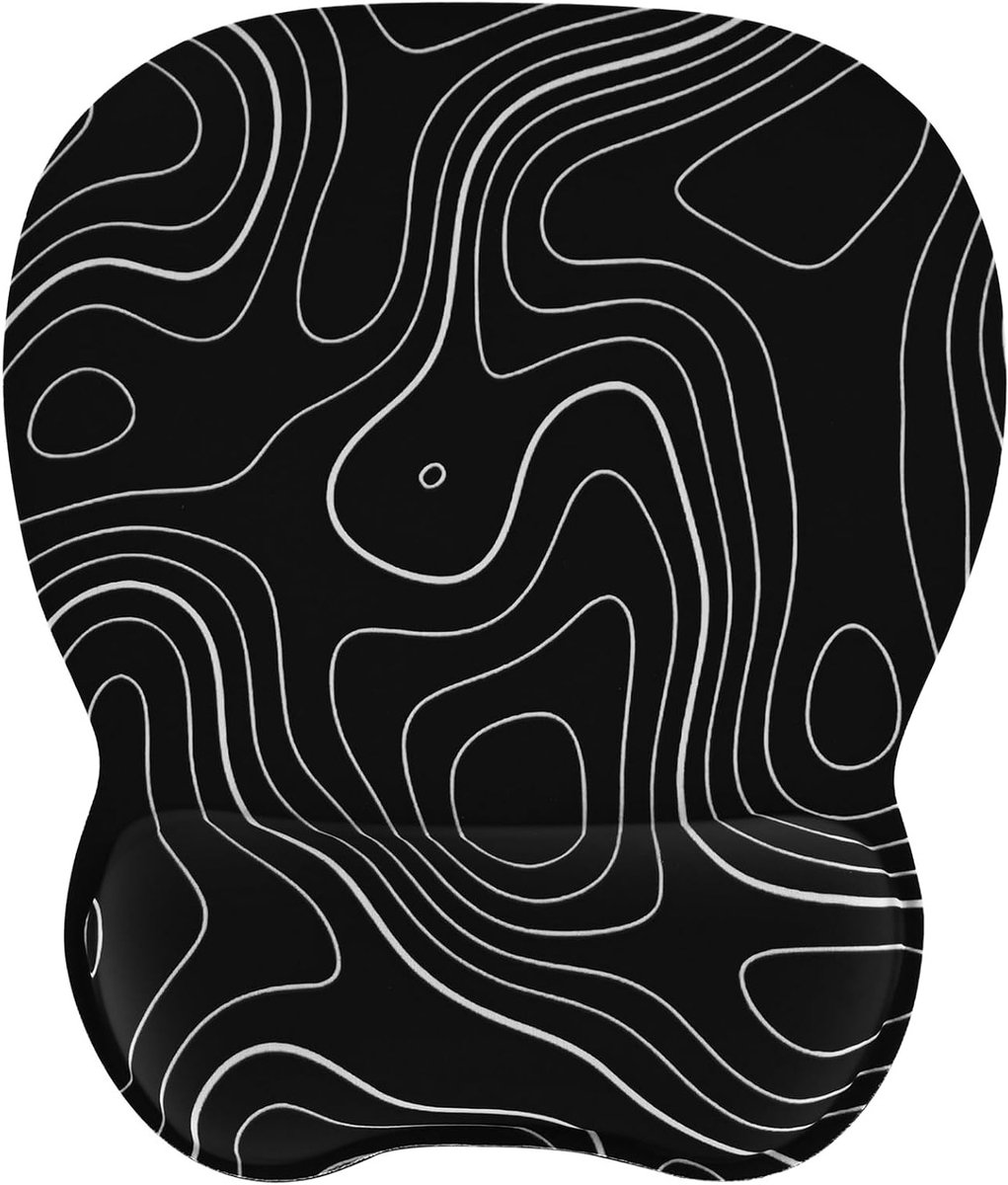 Geheugenfoam Muismat met Antislip Rubber Ondergrond, Minimalistisch Topografisch Ontwerp, Zwart, Ergonomisch en Comfortabel voor Langdurig Gebruik
