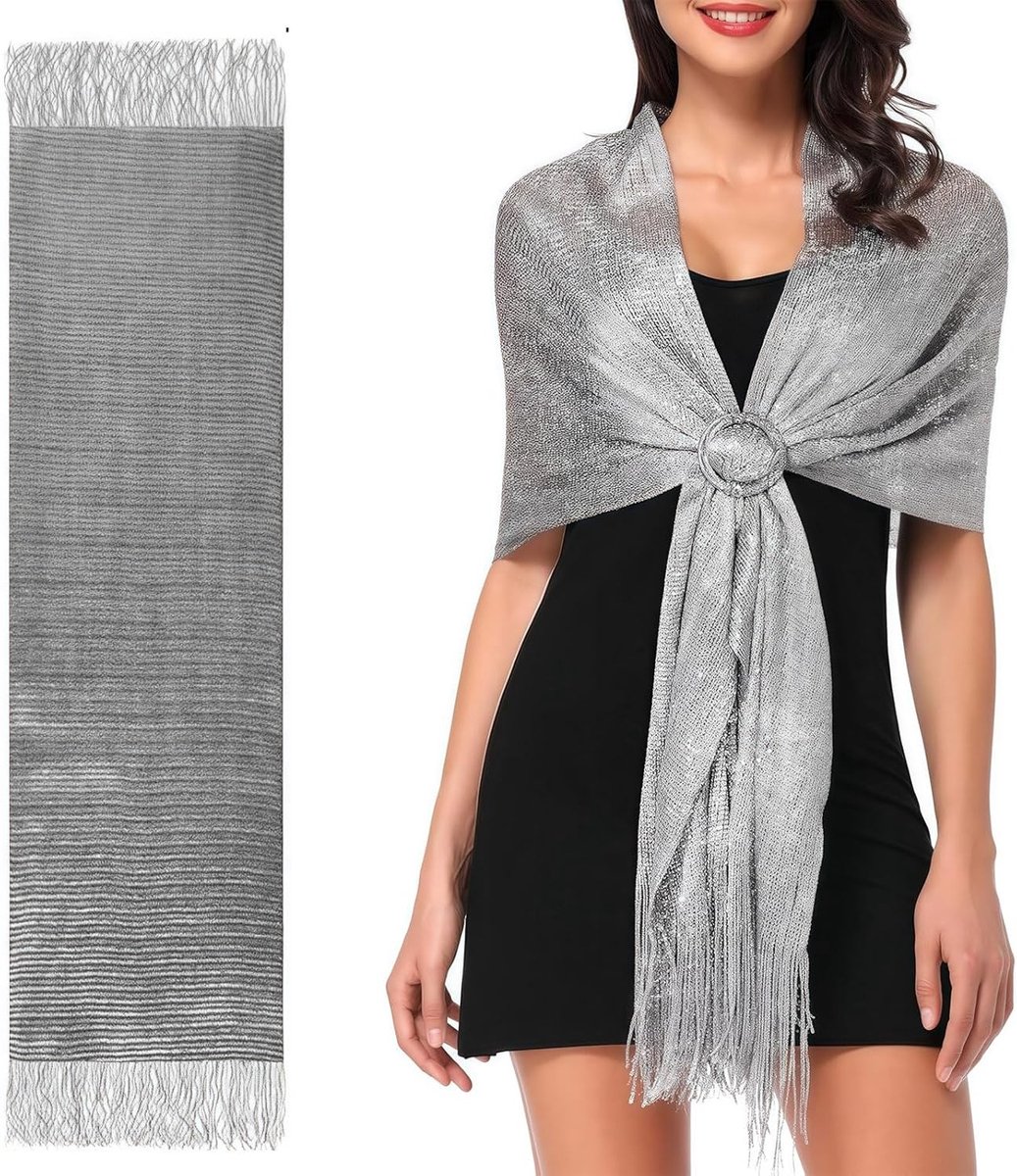 Elegante Zilveren Sjaal met Metalen Draad en Shiny Franje voor Bruiloft en Avondkleding