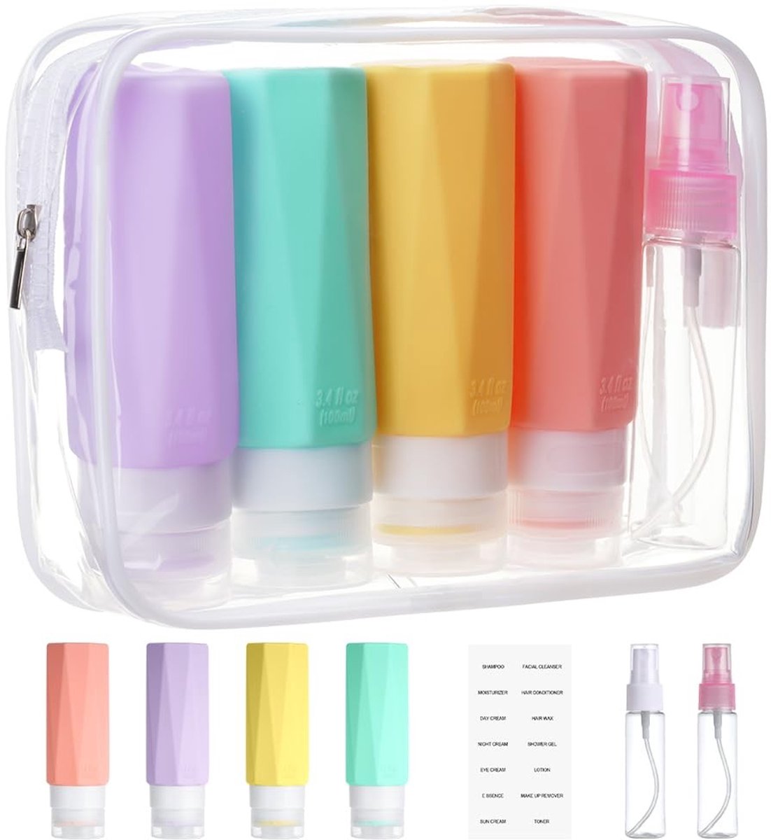 Dailygoods - Dailygoody - Silicone reisfles - 7 stuk - Waterdicht en BPA-vrij - 100 ml - Herbruikbaar - Geschikt voor shampoo en cosmetica - Perfect voor reizen