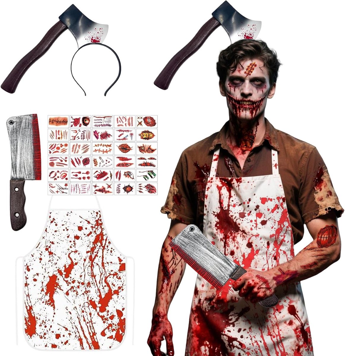 Horror Kostuum voor Halloween, Bloedige Schort met Keukenmes en 30 Stuk Zombie Littekens voor Cosplay en Feestjes