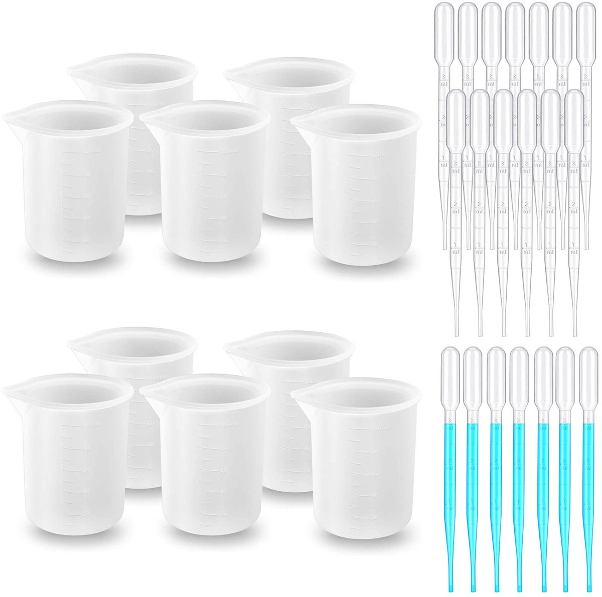 Dailygoods - Dailygoody - Siliconen Maatbekers - Epoxy Hars - 10 Stuks - 100 ml - Maatcups - Inclusief Pipetten - Geschikt voor Sieraden Maken