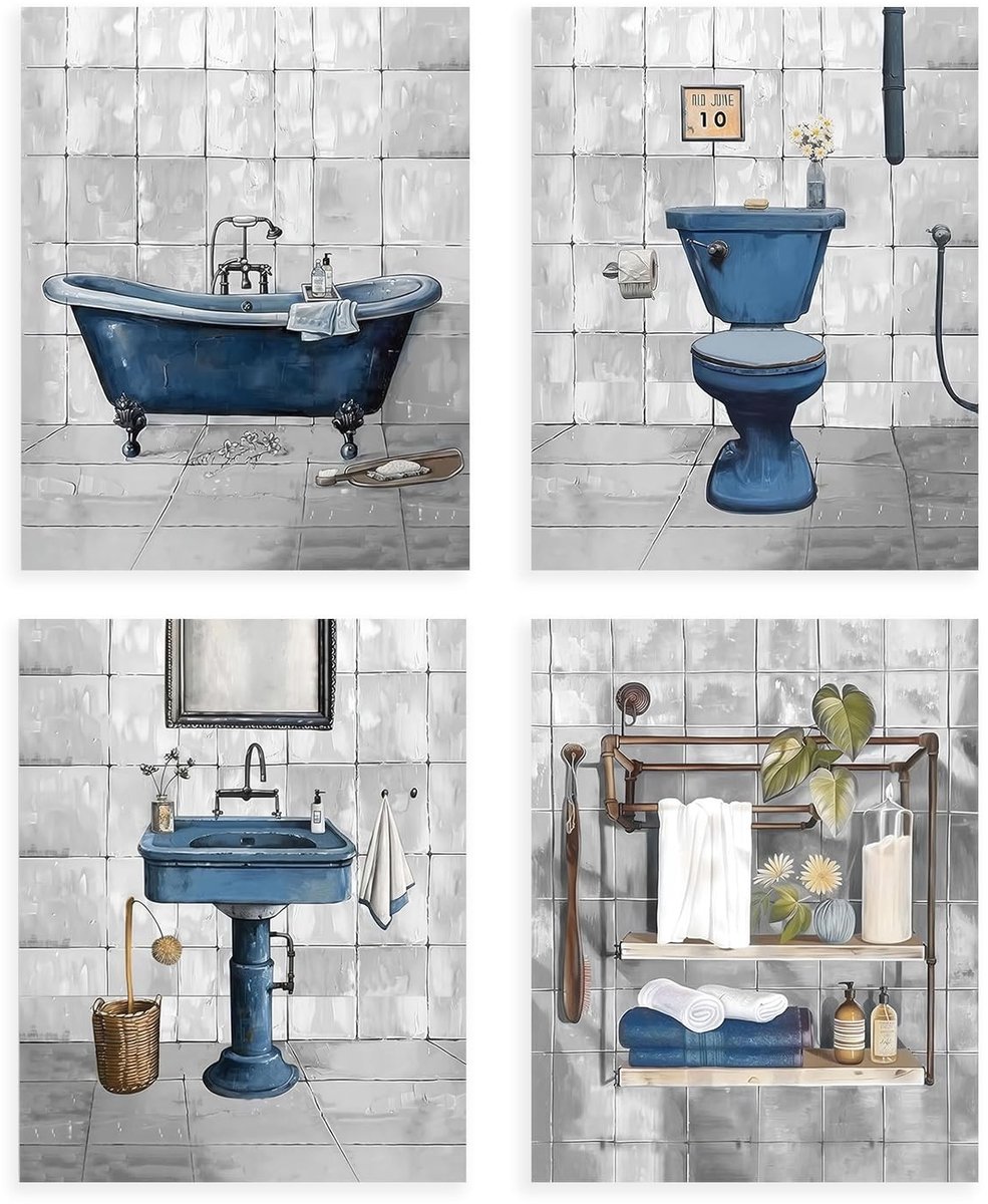 Dailygoods - Cosensi - Dailygoody - Retro Blauwe Badkamer Wandkunst - Vintage Bad Schilderij Afdrukken - 8x10 inch - Esthetische Decor - Set van 4 - Geschikt voor Badkamer