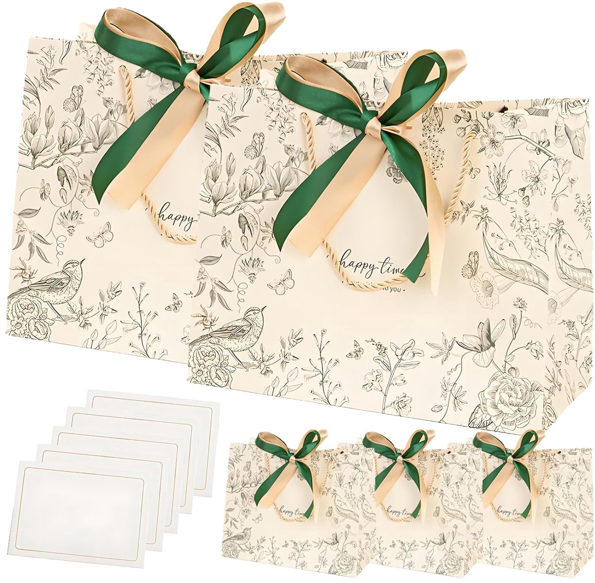 Dailygoods - Set van 5 Geschenkzakjes met Kaartjes en Strikbandjes