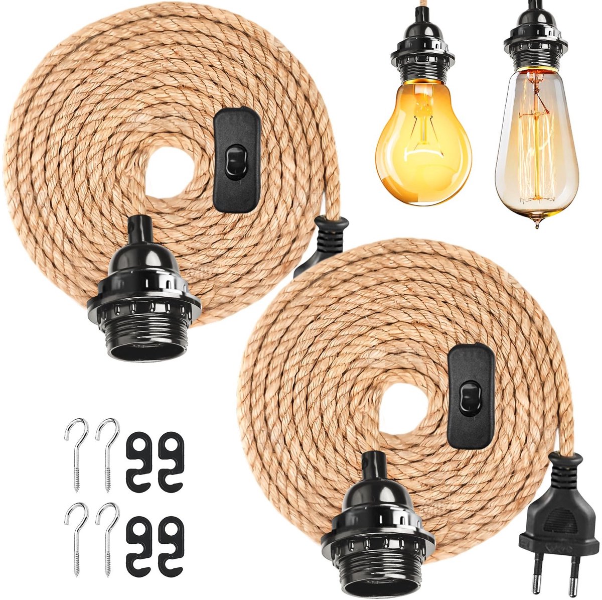 Dailygoods - Set van 2 E27 Lamphouders met Stekker en Vintage Lampkabel