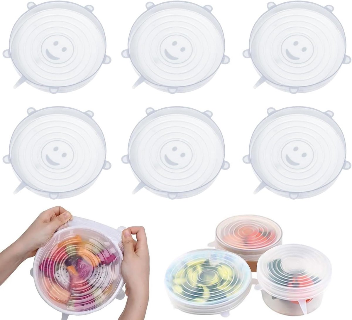 Rechthoekige en ronde silicone deksels, set van 6, herbruikbaar, BPA-vrij, rekbare deksels voor kommen, glazen en fruit