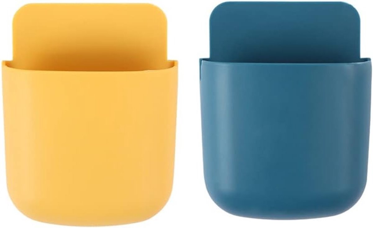 Georganiseerde Wandbevestigde Opbergdoos voor Afstandsbediening, Telefoon en Accessoires met Oplaadfunctie (Geel+Blauw)