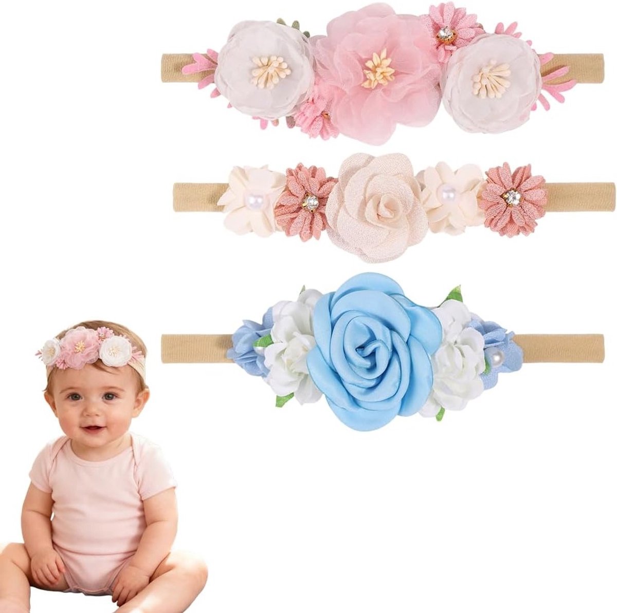 Set van 3 Zachte Elastische Haarbanden voor Baby's met Bloemen en Strikken - Perfect voor Fotoshoots, Dagelijks Gebruik en Cadeaus
