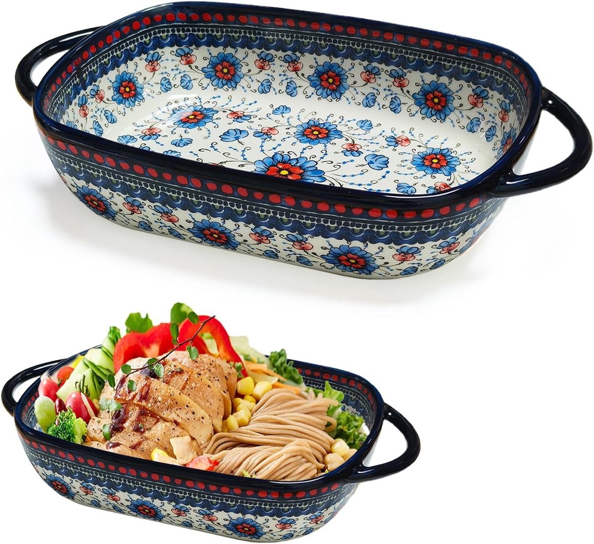 Rechthoekige keramische ovenschaal voor lasagne, tiramisu en andere ovenschotels met handvatten, ideaal voor bakken en serveren