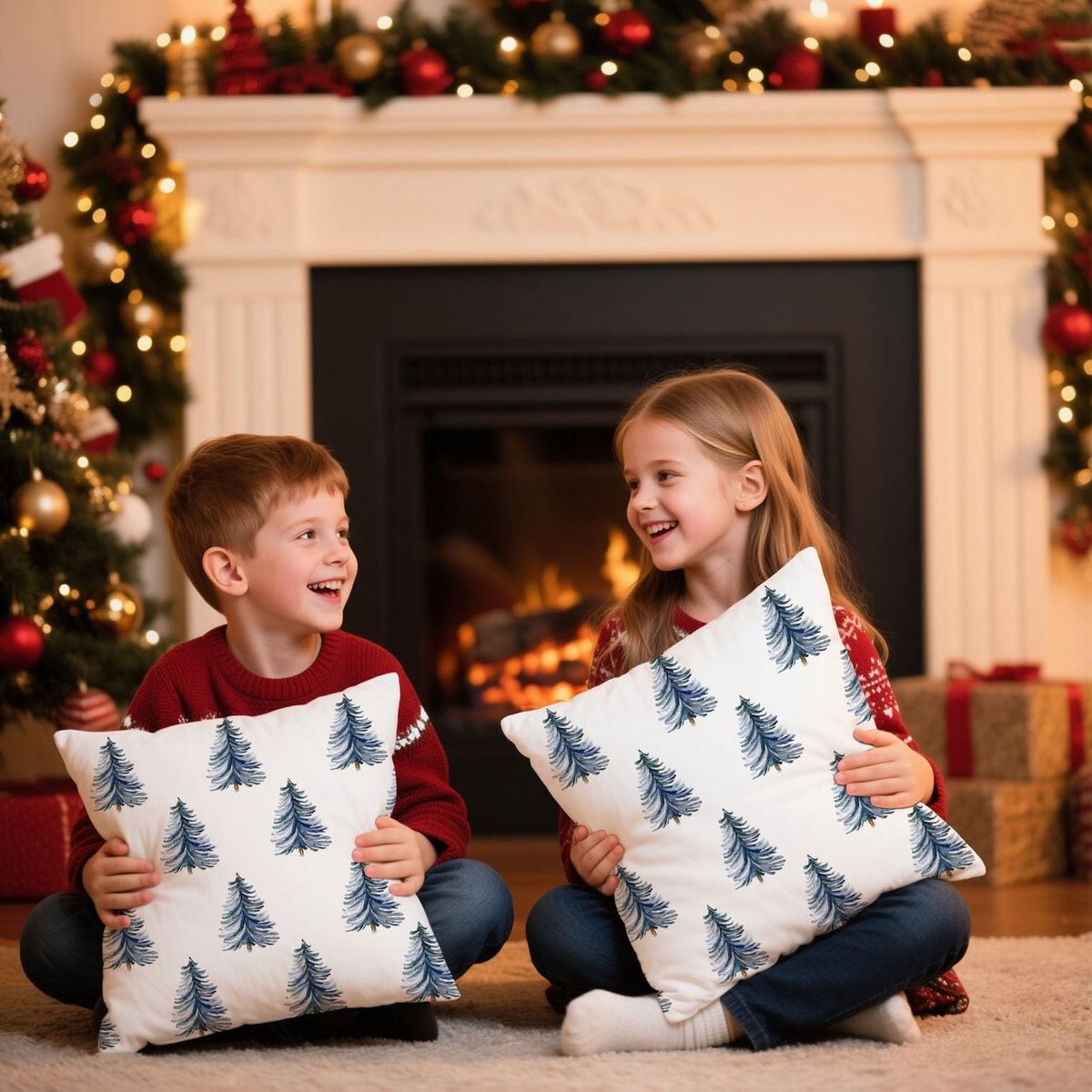 Decoratieve Kerstkussens 50 x 50 cm Set van 2 met Blauw Kerstboom Design voor Winterse Woondecoratie en Bankaccessoires