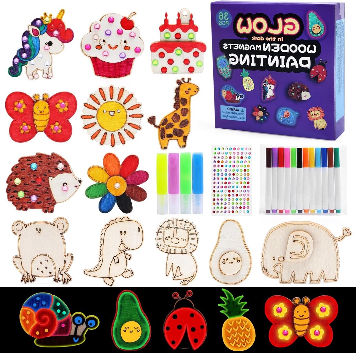 Kleurrijke Schilderset voor Kinderen met 36 Stukken - Houten Magneten, Luminous Vloeistof en Diamant Stickers voor Creatieve Knutselprojecten en Kleurplezier