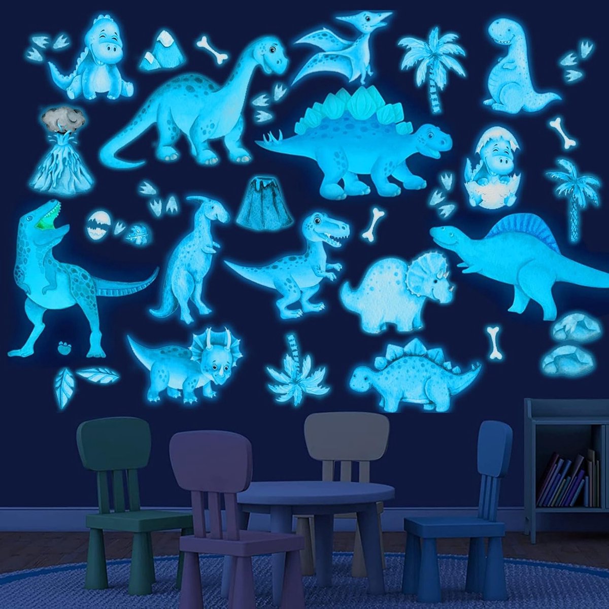 Glanzende Dinosaurussen Muursticker voor Kinderen, Zelfklevende Wandtattoo voor Jongens, Decoratie voor Kinderkamer en Babykamer, Verlicht Dinosaurus Cadeau