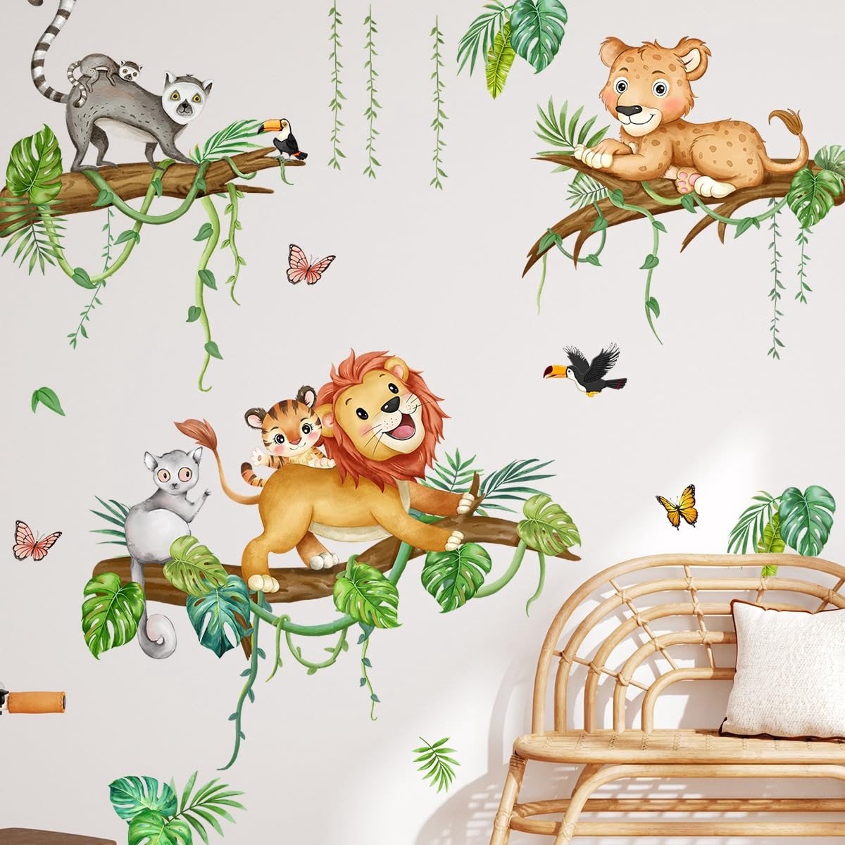 Dailygoody - Safari Animals Muurstickers - Jungle Dieren - Perfect voor Babykamer - Palmbladeren - Wanddecoratie - Geschikt voor Kinderen - 91x30 cm