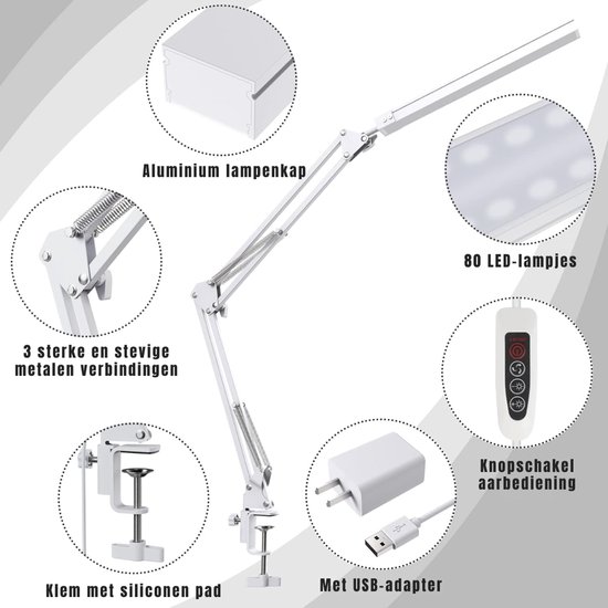 AHD® Bureaulamp - Bureaulamp LED - Bureaulamp Met Klem - Dimmable LED Desk Lamp - Desk Lamps - Wit - 41cm x 13cm x 6cm van ahd — afbeelding 5