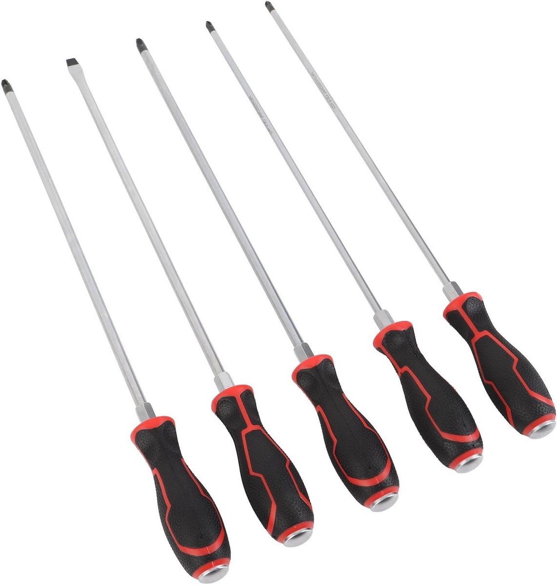 Set van 5 Lange Magnetische Schroevendraaiers voor Auto Reparatie, Ergonomische Handgreep, PH2, PH3, PZ2, PZ3, 8mm Platkop, Perfect voor Moeilijk Bereikbare Plaatsen