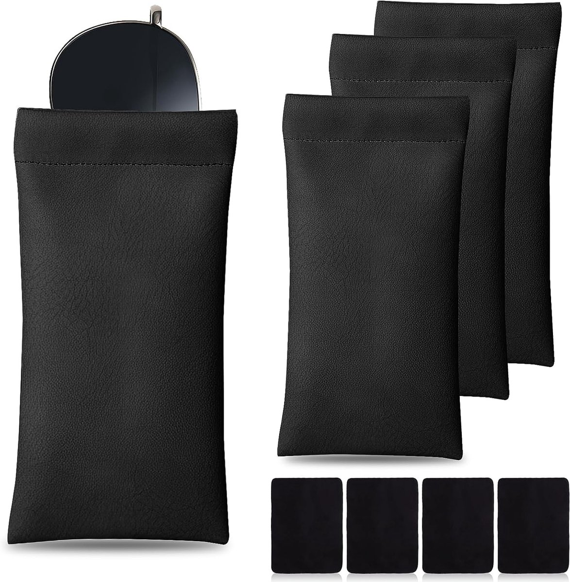 Zachte PU Leren Brilhoes Set van 4 - Beschermende Hoes met Schoonmaakdoek, Waterdicht en Draagbaar voor Zonnebrillen en Correctiebrillen, Geschikt voor Mannen en Vrouwen, Zwart, Universele Maat