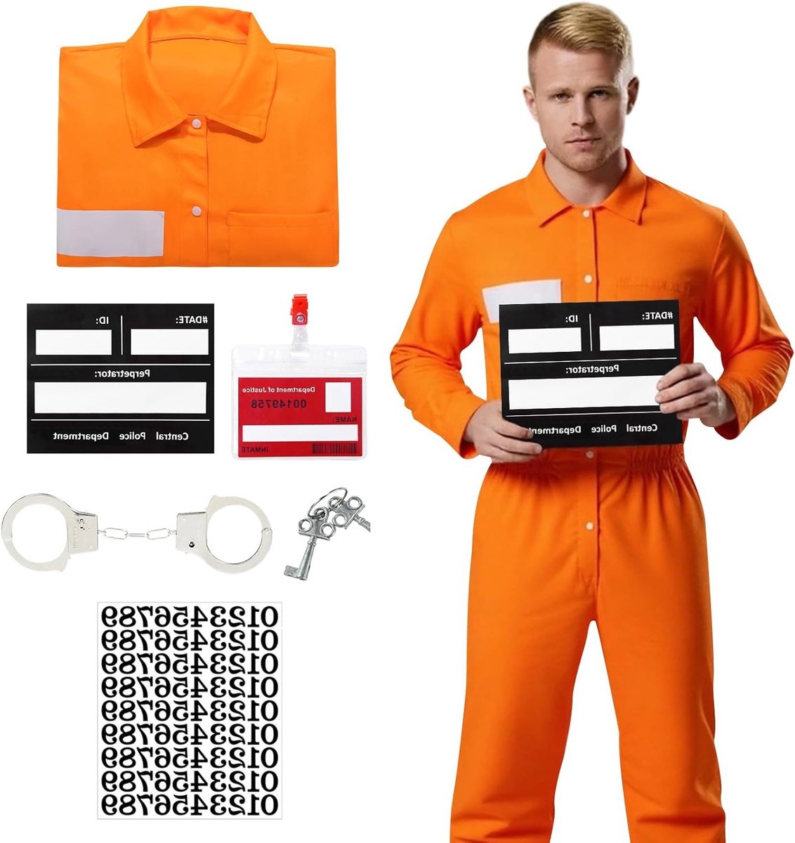 Oranje gevangenis kostuum voor mannen met informatiebord, ID-kaart, handboeien en overall voor Halloween, carnaval en verkleedpartijen