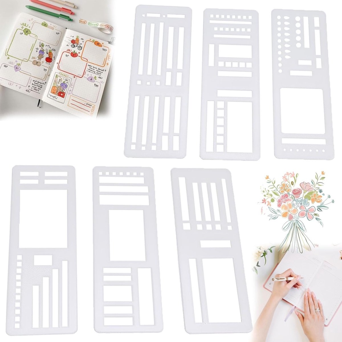 Set van 6 handgemaakte flexibele planner sjablonen, herbruikbare templates voor agenda's, kalenders en dagplanning met checklistlijnen en vakken
