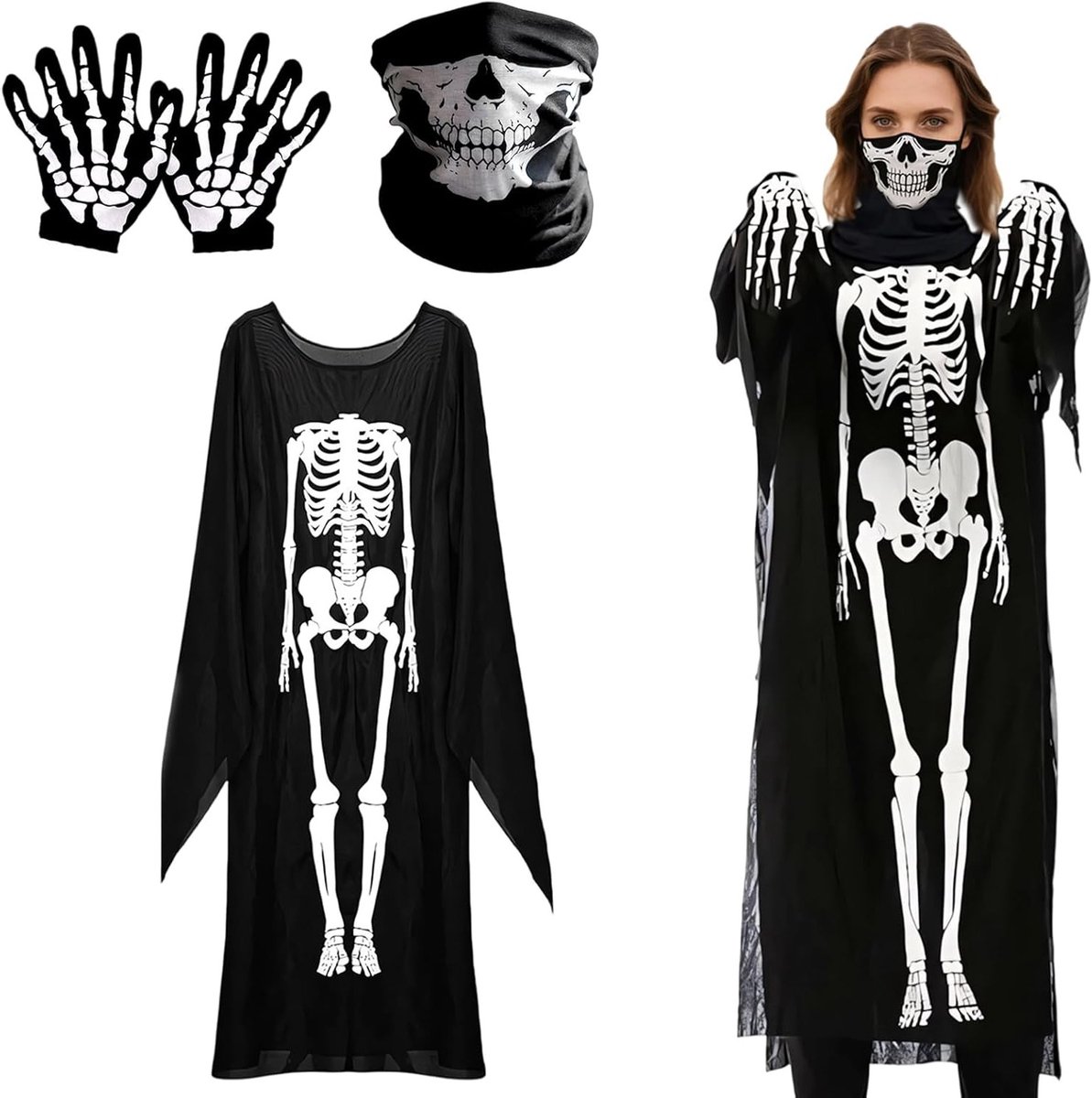 Vrouwelijk Skelet Kostuum voor Halloween met Robe, Masker, Handschoenen en Tattoo Stickers voor Cosplay en Carnaval