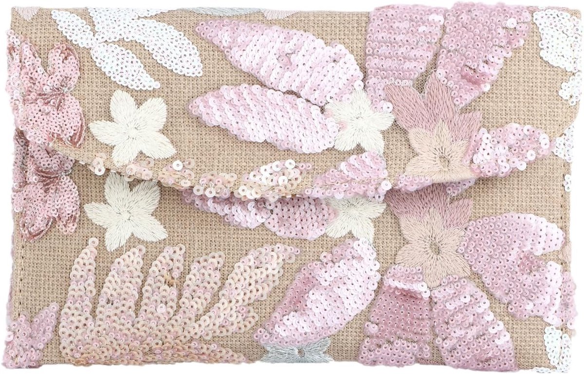 Zomerse Clutch Tas voor Dames met Bloemenprint en Pailletten - Vintage Handtas voor Bruiloften en Feestelijke Avonden