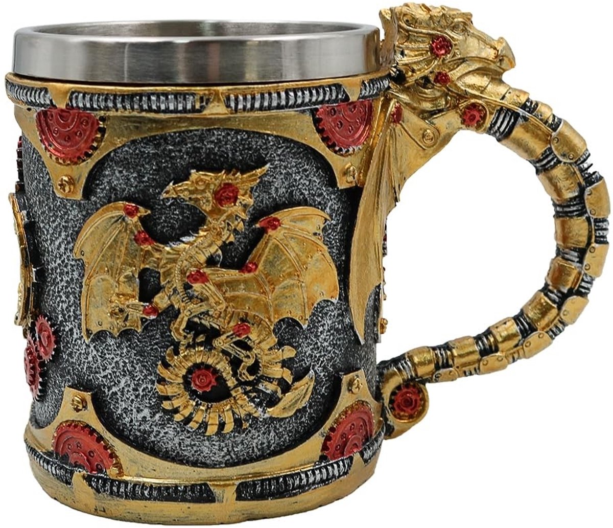 Dailygoods - Dailygoody - Vintage biermokken - Draak patroon - Perfect cadeau voor mannen - Zwart en goud - Middeleeuwse wijnglas - Vaderdag - 400 ml
