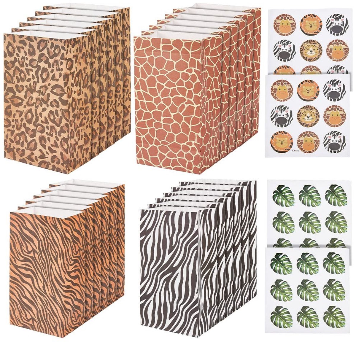 Dailygoods - Dailygoody - Papieren Zakken Dierenhuidprint - Traktatiezakken Safari - Kraftpapier - Stickers Jungle - Verjaardagsfeestje - Geschikt voor Kinderen
