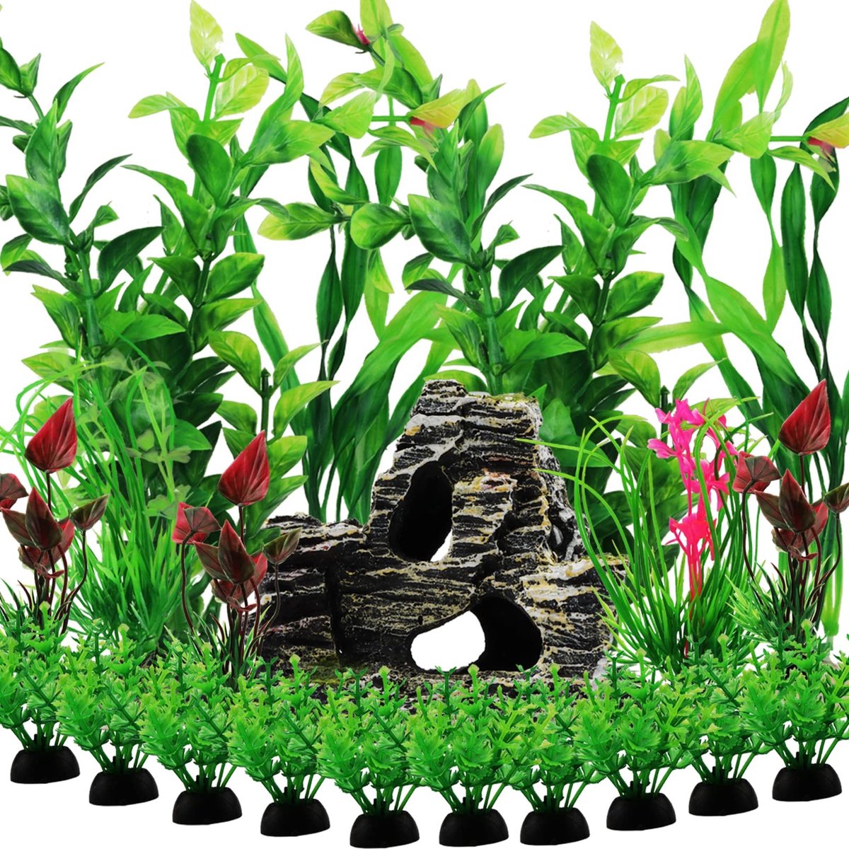 Dailygoody - Aquariumdecoratie - Plastic Planten - 20 Stuks - Groen en Rood - Aquarium Accessoires - Perfect voor Binnen - Decoratieset