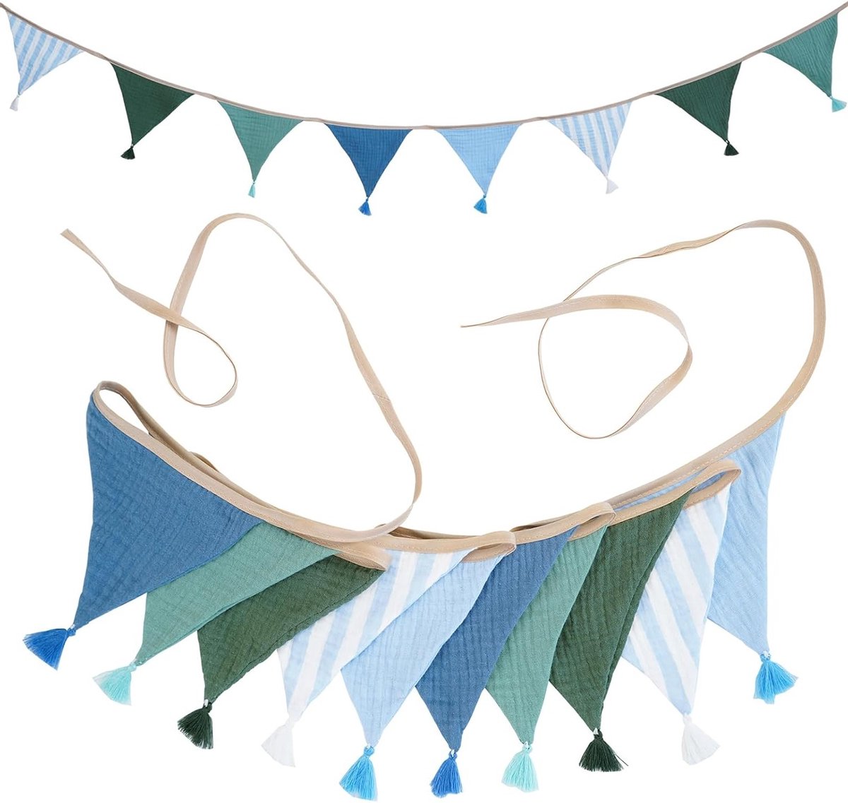 Mousseline Wimpelketting voor Kinderkamer met Kwasten en Dubbelzijdige Stof, 2,6 m Slinger voor Wanddecoratie, Kinderbedjes en Verjaardagsfeestjes