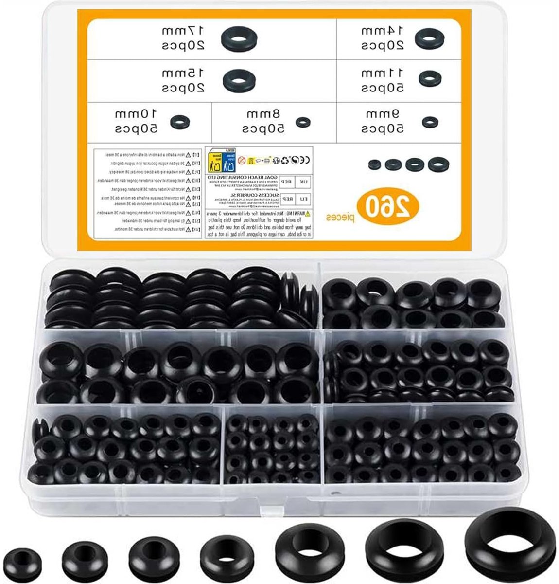 260 Stuks Passage Ringen, Rubber Seal Kit in 7 Maten, Kabelbescherming en Dichtingen voor Elektrische Installatie, Auto, RV en Boot