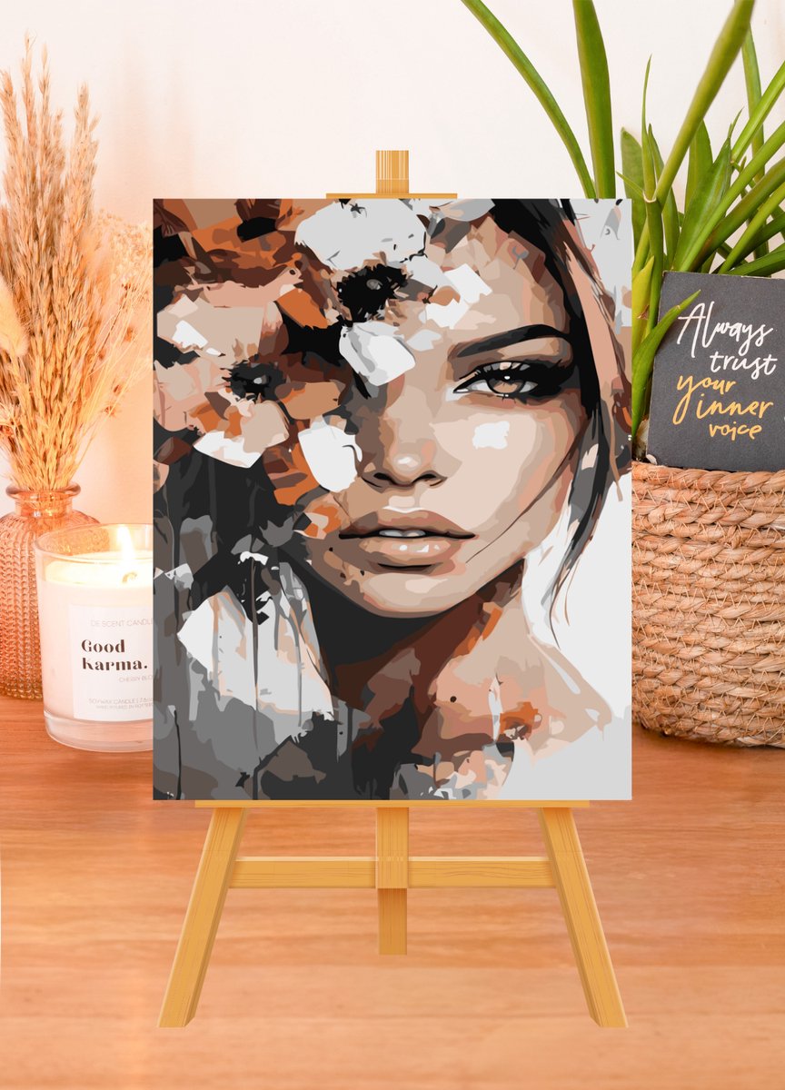 MET FRAME - Paint by numbers Volwassenen – schilderen op nummer – Creatieve hobby – Ontspanning thuis – Cadeau idee – Compleet pakket – DIY decoratie – Portret vrouw bloemen – Gentle Power — afbeelding 2