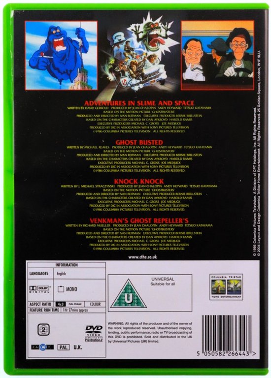 Achterkant van de DVD-hoes The Real Ghostbusters met scènes en informatie van de afleveringen.