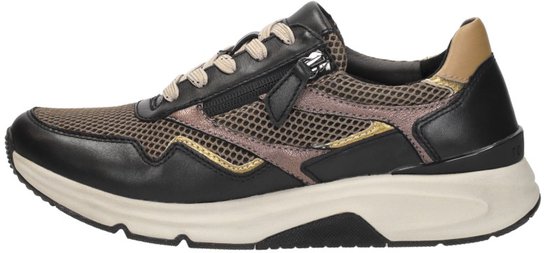 Zwarte Gabor Rollingsoft sneaker met bruine mesh accenten, beige veters, rits aan de zijkant en een beige zool.
