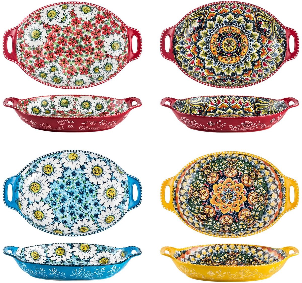 Store_9 - Slakom Set van 4 - Porseleinen Grote Pastakom - Vaatwasserbestendig - Levendige Kleuren - Geschikt voor Feestdagen - 950 ml