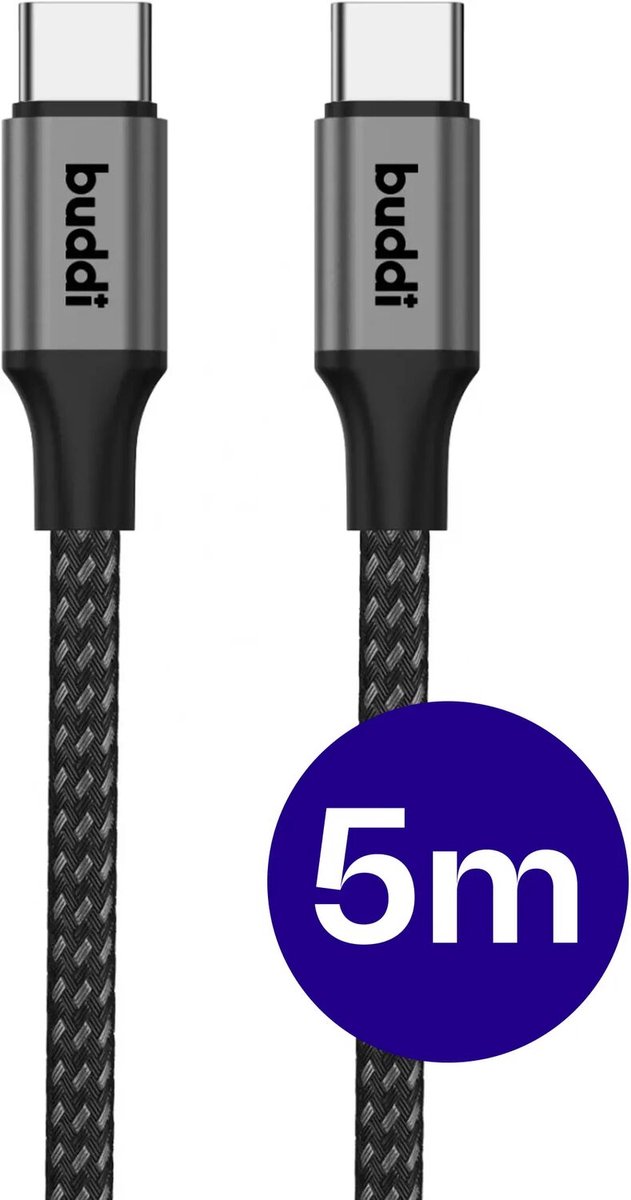 Image of Buddi Flex - USB-C naar USB-C Kabel 60W Fast Charge 20V/3A - Power Delivery - 480Mbps Dataoverdracht - Gevlochten Nylon - 5M - 5 Meter - Lange kabel - Zwart