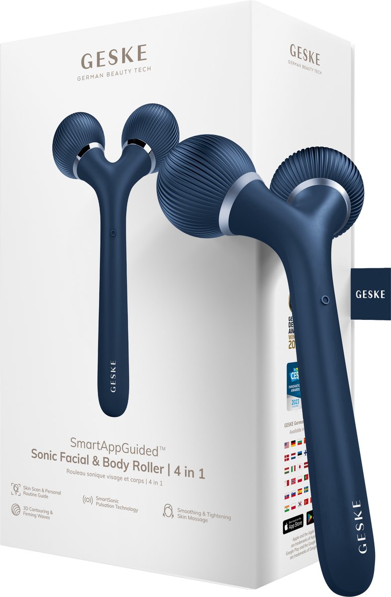 GESKE | SmartAppGuided™ Sonic Facial & Body Roller | 4 in 1 | Dermaroller | Apparaat voor gezicht en lichaam | Dermarol | Professionele gezichtsroller | Verstevigt en definieert lichaam en gezicht