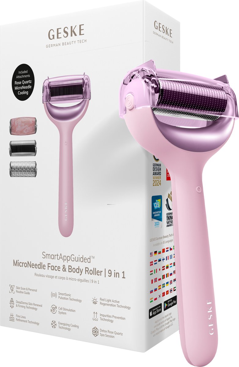 GESKE | SmartAppGuided™ MicroNeedle Face & Body Roller | 9 in 1 | rozenkwarts | Elektrische dermaroller | Microneedling | Microneedling-apparaat | Roller | Schoonheidsroller voor gezicht en lichaam
