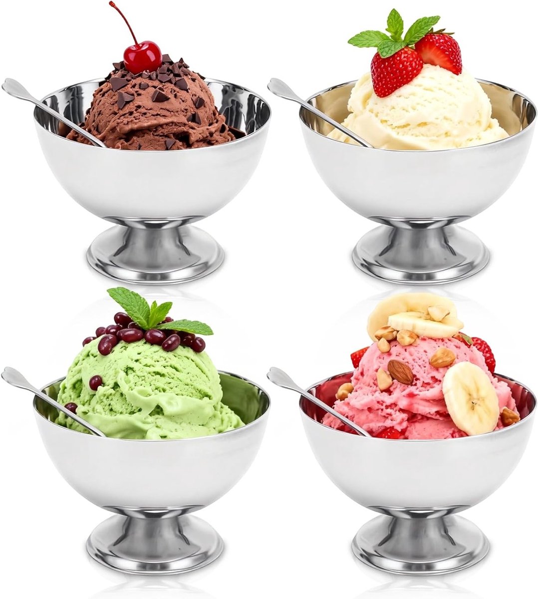 Set van 4 RVS IJsbekers - Herbruikbare Dessertkommen voor Sorbet, Fruit Salade en Pudding