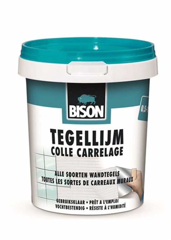 Witte emmer Bison Tegellijm met blauwgroen deksel. Bevat "TEGELLIJM COLLE CARRELAGE".