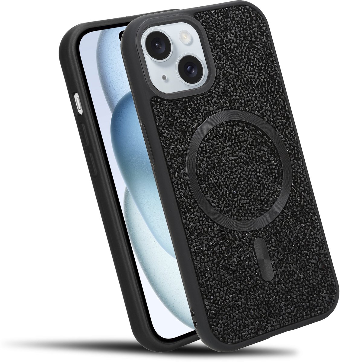 Hoesje geschikt voor iPhone 15 in Zwart Diamant Glitter Stijl