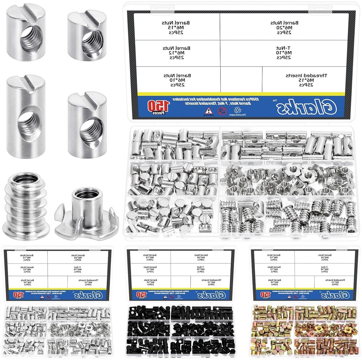150 Stuks M6 Barrel Cross Dowels en Moeren Set - Inclusief 100 Barrel Nuts, 25 T-studs en 25 Hex Moeren voor Meubelmontage en Klusprojecten