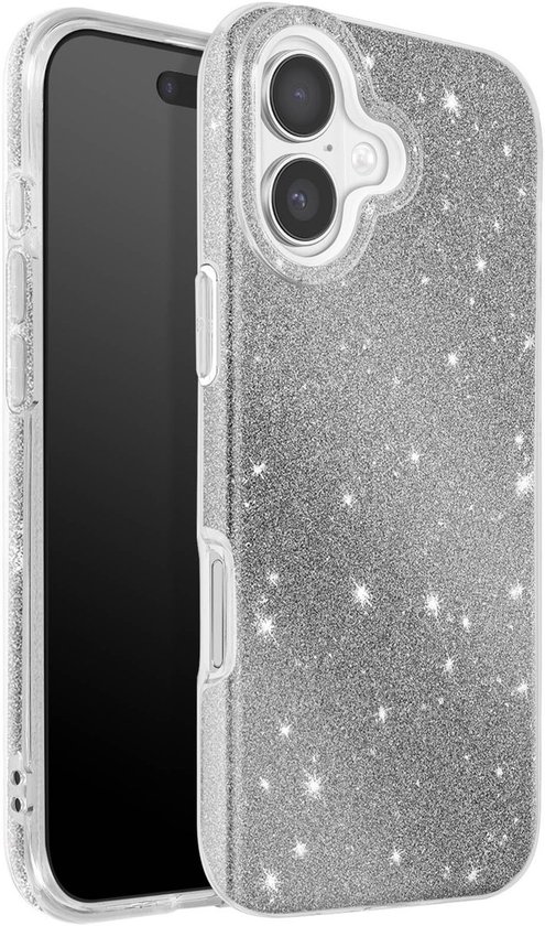 Coque argentée à paillettes pour iPhone 14 avec ouverture pour double appareil photo.