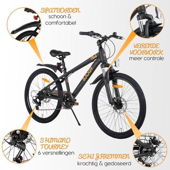 SJOEF Climb Jongensfiets / Mountainbike 24 inch - Kinderfiets 8-12 Jaar - 6 Versnellingen - Schijfremmen - Verende voorvork - Spatborden - Kettingkast - LED verlichting - Zwart van SJOEF — afbeelding 4