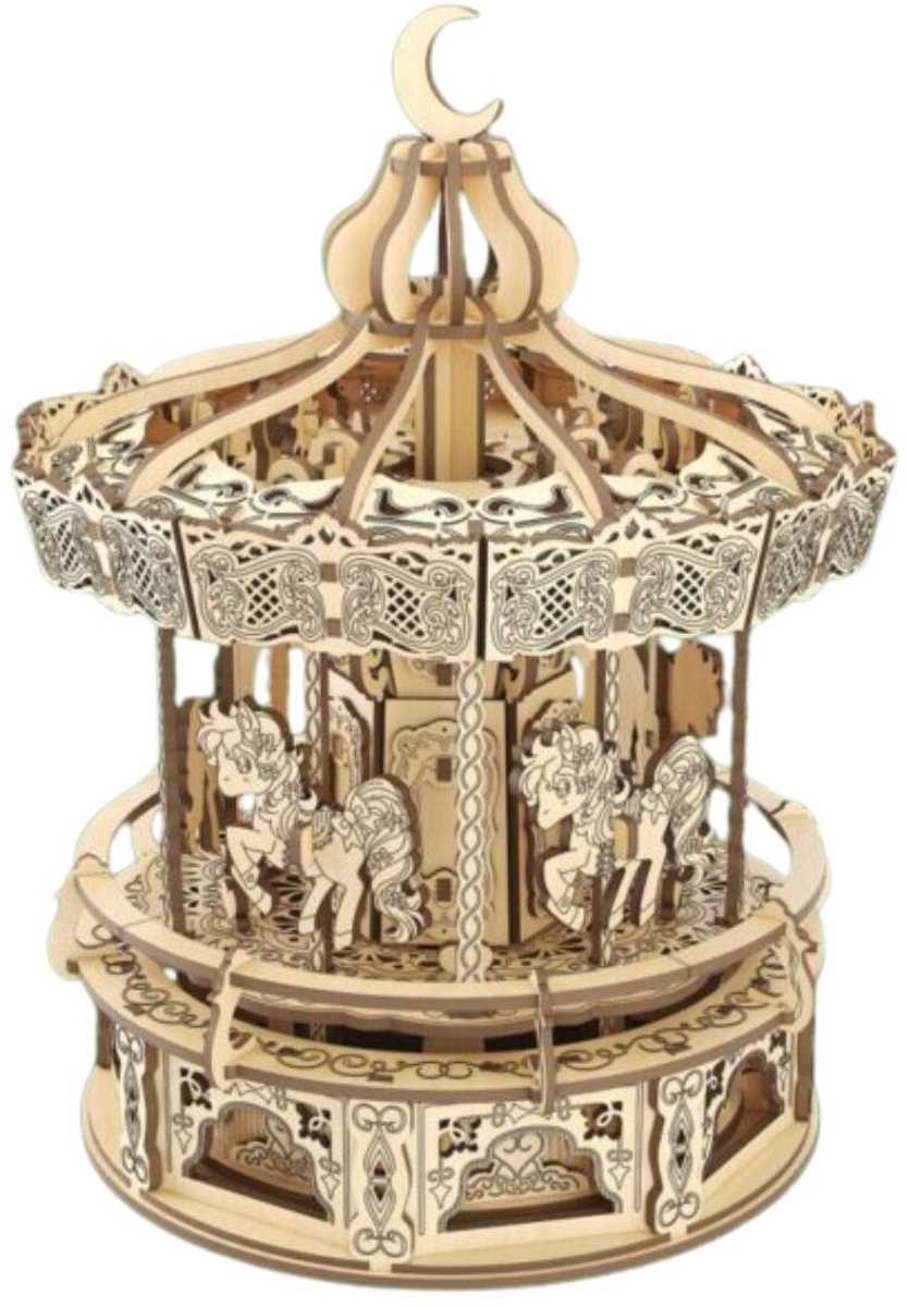 Beehub, 3D Muziekdoos, Houten Puzzel Carousel, BE011927, 20,5x20,5x27cm