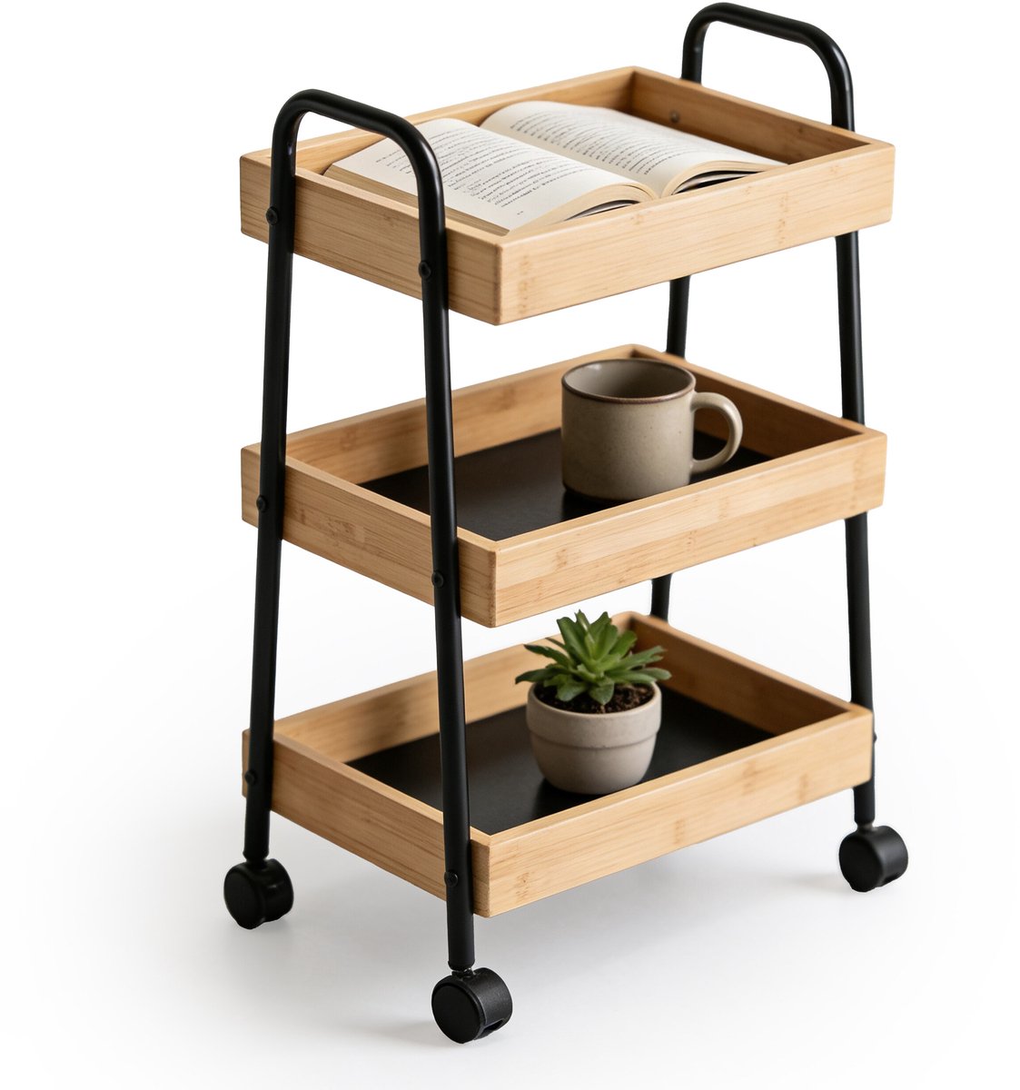 Rolwagen - 45,5x73x28 cm - naturel en zwart - op wielen