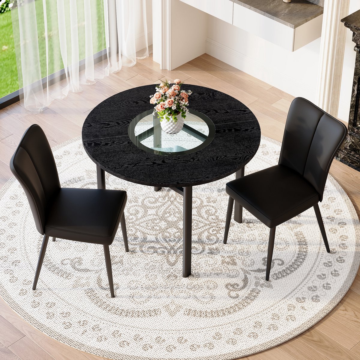MODENUIT Eettafelset 100 cm - Ronde Tafel Met Glasinleg En 2 Stoelen - Voor Eetkamer - MDF
